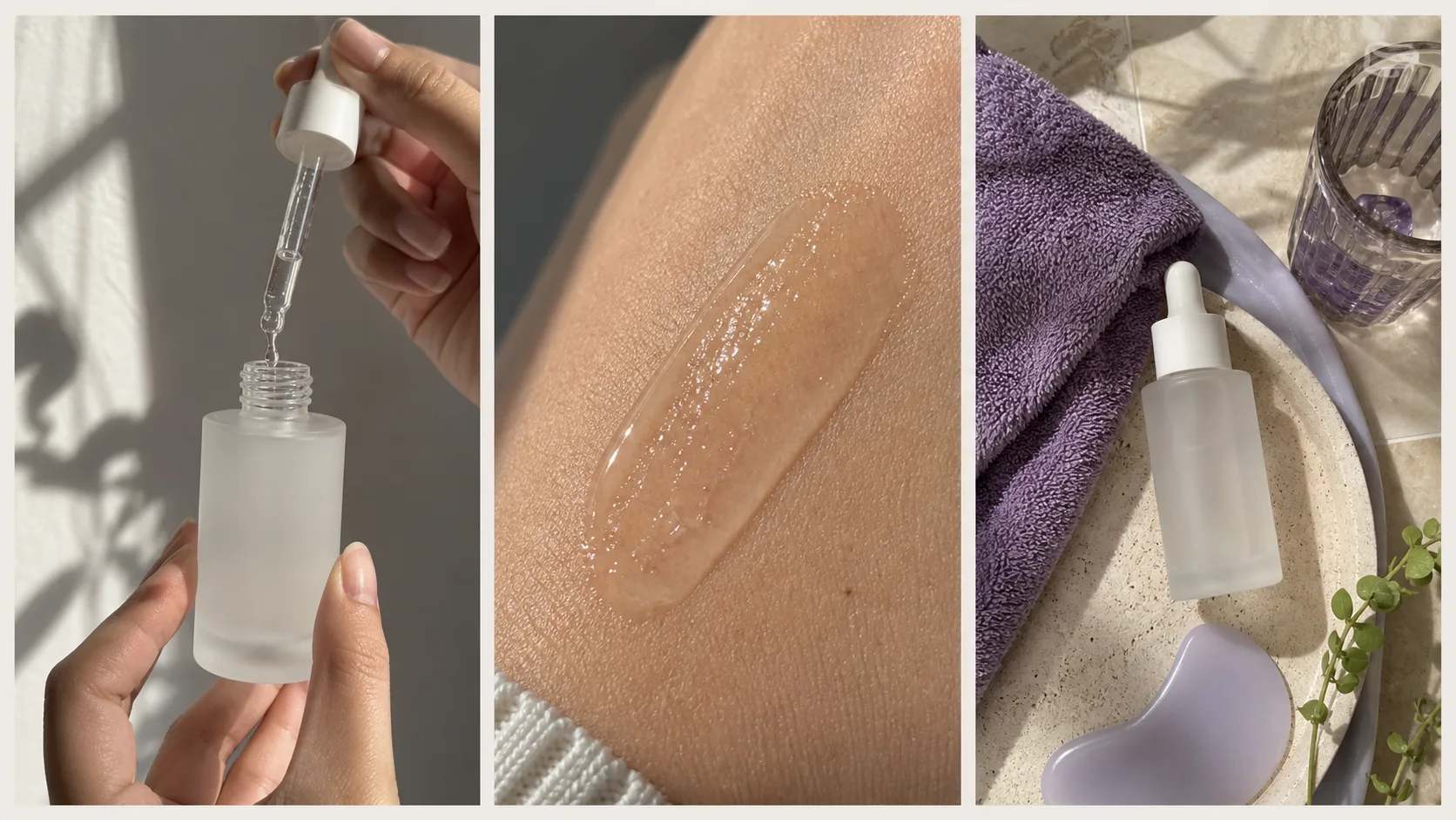 Three illustrative skincare short-form video frames showing a serum routine